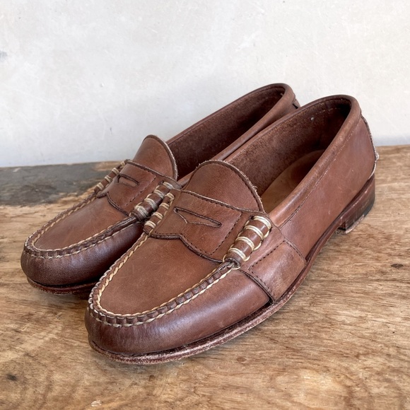 RALPH LAUREN Loafers Soft Lt Brown Leather Whip Stitched Handmade in Main USA 6B - Picture 12 of 13